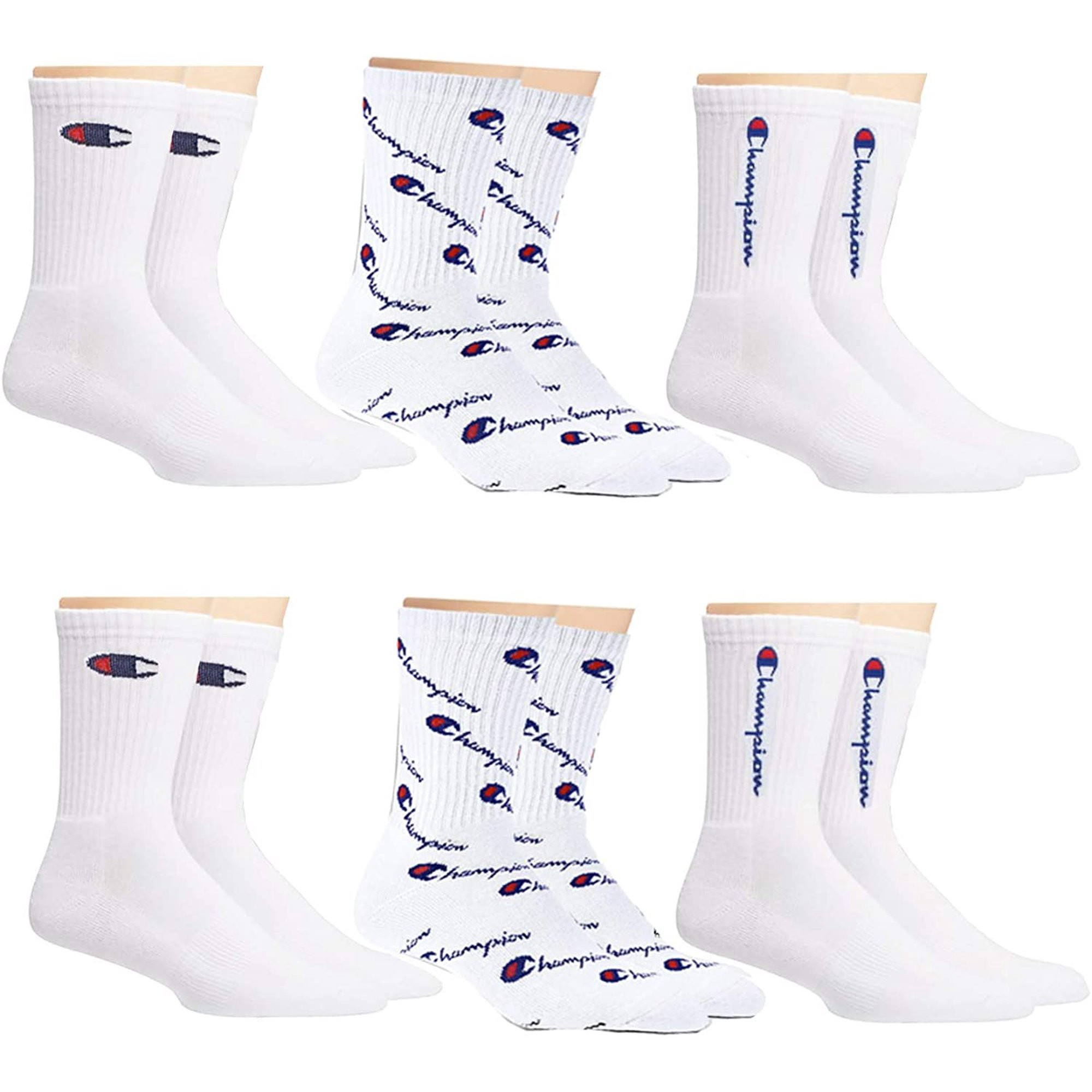 Champion Unisex 6-Pack Multi Logo Print Crew Socks (Assorted - White) | Walmart (US)