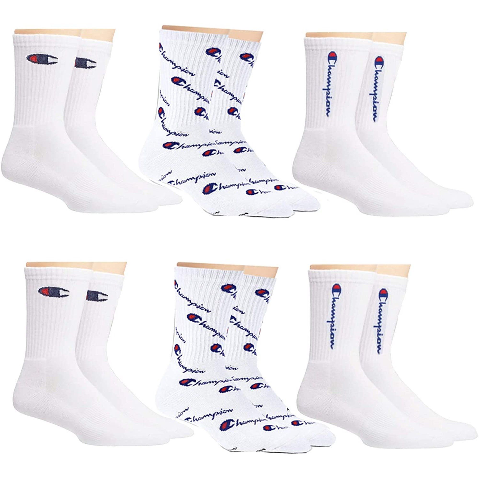 Champion Unisex 6-Pack Multi Logo Print Crew Socks (Assorted - White) | Walmart (US)