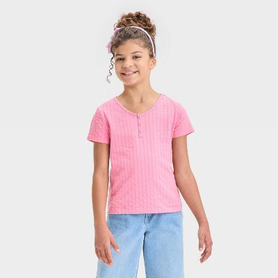 Girls' Short Sleeve Pointelle T-Shirt - Cat & Jack™ Pink S | Target