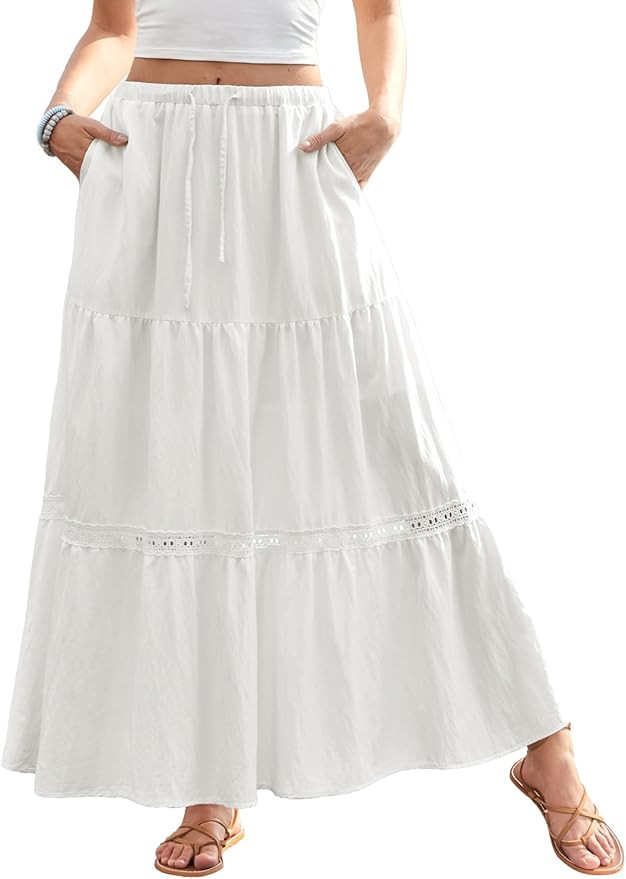 DJT Women's Boho Elegant Lace Trim Swing Tiered Maxi Skirt High Waisted Tie A Line Flowy Long Ski... | Amazon (US)