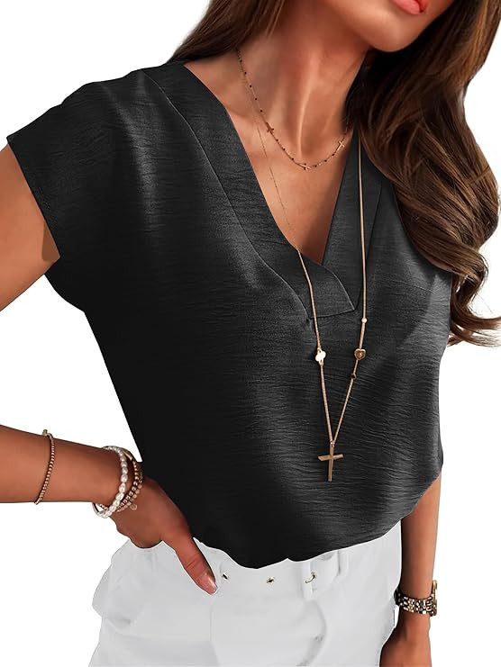ANRABESS Women Tops Cap Sleeve Textured Dressy Casual V Neck Shirts 2025 Summer Business Work Blo... | Amazon (US)