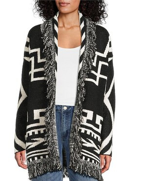 Reba Jacquard Knit Geometric Print Fringe Long Sleeve Open Front Cardigan | Dillard's | Dillard's
