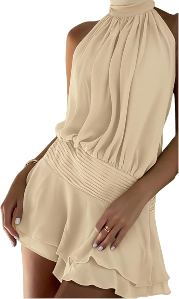 Floerns Minivestido de verano para mujer, sin mangas, cuello halter, espalda descubierta, fruncid... | Amazon (US)