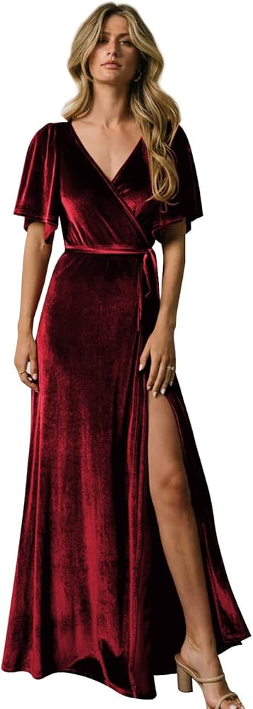 Yoreuoia Women's Flutter Sleeve Spring Formal Dresses Long Velvet Wrap Bridesmaid Dress Maternity... | Amazon (US)