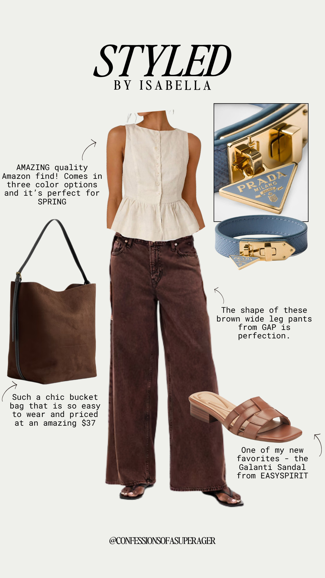 Spring outfit perfection 🤍 This elevated everyday look features an Amazon linen peplum top (affordable, high-quality & comes in multiple colors), flattering brown wide-leg pants from GAP, a chic under-$40 bucket bag, and the must-have Galanti sandals from Easy Spirit for all-day comfort. Finished with luxe accessories for a polished vibe, this neutral spring outfit is perfect for casual chic days, brunch, travel, and effortless style. Shop now for budget-friendly fashion finds and timeless wardrobe staples you’ll wear on repeat. #SpringOutfits #AmazonFashionFinds #AffordableStyle #WideLegPants #CasualChic #NeutralStyle #EverydayOutfit #Over40Style #EffortlessStyle #CapsuleWardrobe #LTKStyle #LTKFinds #StyleInspo 

 

#LTKootd #LTKOver40 #LTKSaleAlert
