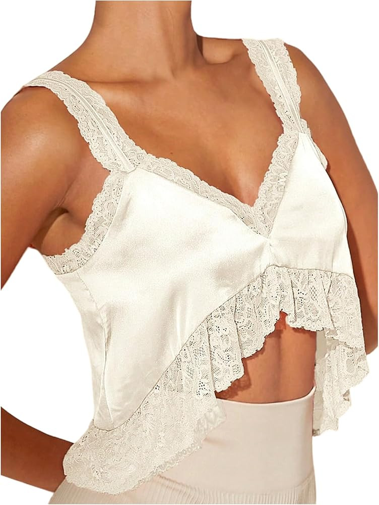 SOLY HUX Women's Satin Crop Top Lace Trim Sleeveless Asymmetrical Tank Shirt Going Out Tops | Amazon (US)