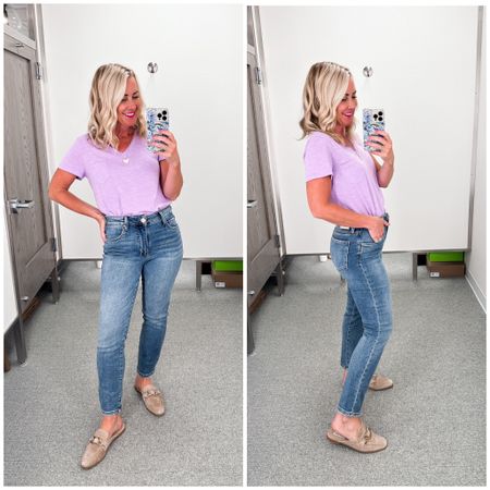 Crazy for these under $100 jeans!! Mid-wash with high-rise, lots of stretch & no distressing! They fit like a dream & are so comfy. True to size, I’m in a 2