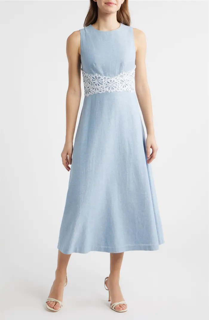 Lace Trim Linen Blend Midi Dress | Nordstrom