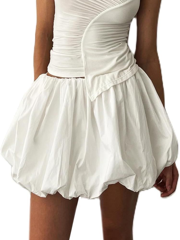 Women Y2k Bubble Skirt Ruffle Hem Pleated A Line Flare Mini Short Skirt Streetwear | Amazon (US)