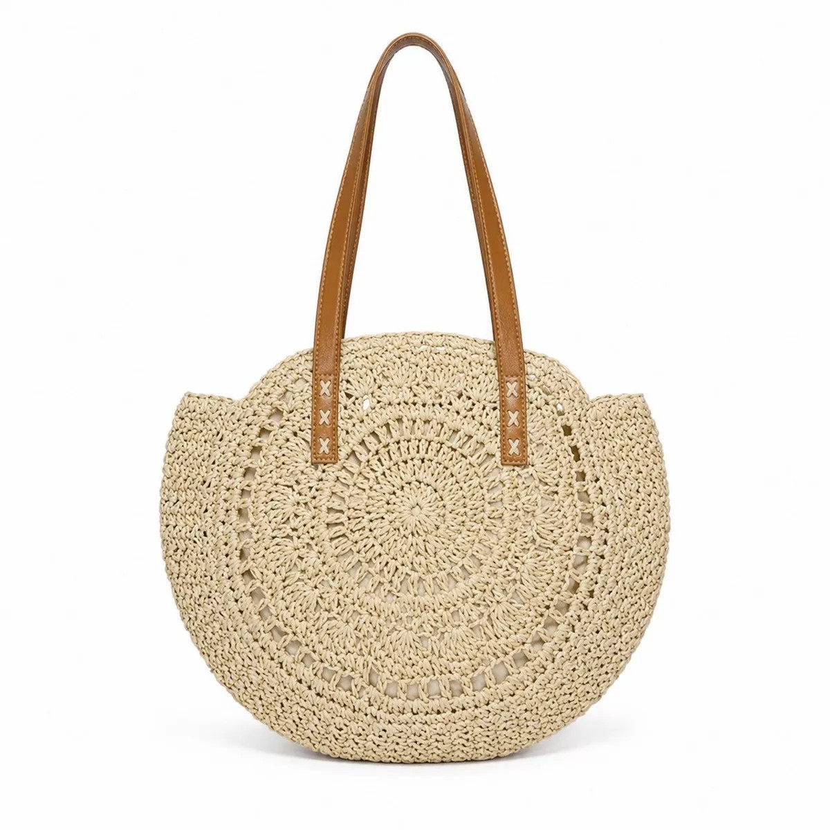 Alilang Round Woven Straw Tote Bag with Zip Closure Shoulder Handles and Slip Pocket, Beige | Target