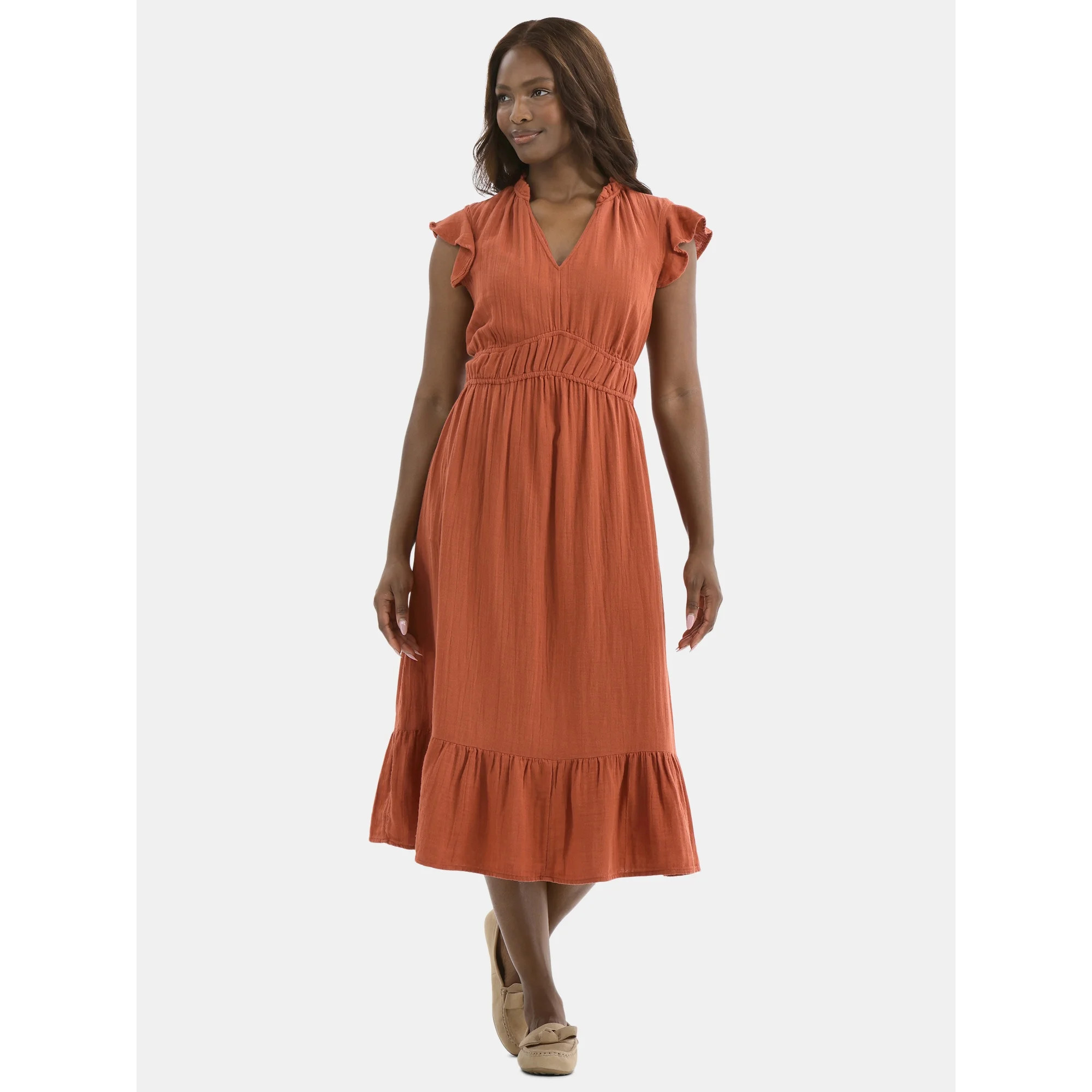 Time and Tru Women's Double Cloth Cotton Midi Dress with Flutter Sleeves, Sizes XS-XXXL | Walmart (US)