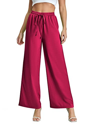 SweatyRocks Women's Wide Leg Satin Pants Casual Elastic Waist Loose Trousers with Pocket Hot Pink XL | Amazon (US)