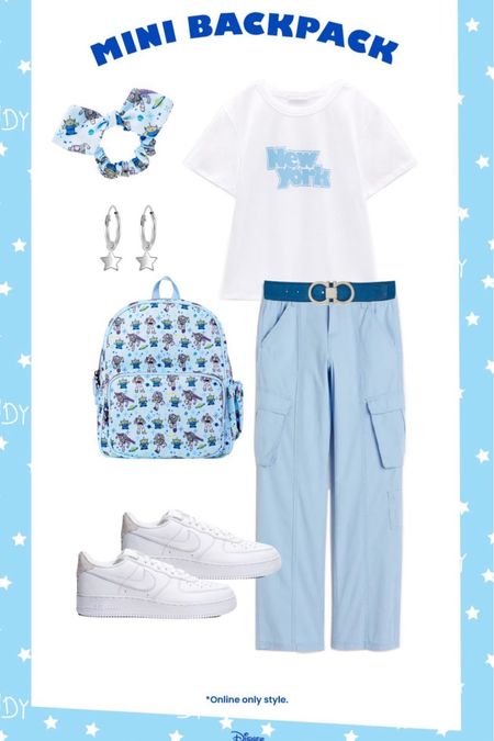 toy story outfit with blue cargo pants, Silverstar earrings, and Nike Air Force 1, stony clover lane, toy story, mini backpack, and bow scrunchie