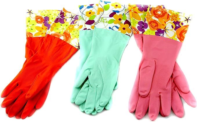 3 Pair Decorative Boutique Latex Cleaning Dishwashing Gloves With Fancy Cuff with Flock Lining | Amazon (US)