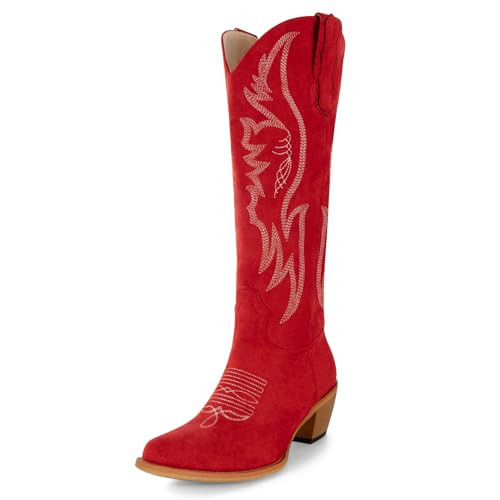 KaroNairy Women's Red Cowboy Boots, Faux Suede, Embroidered, Pointed Toe, Chunky Heel, Mid Calf, Wide Calf, US 8 | Amazon (US)