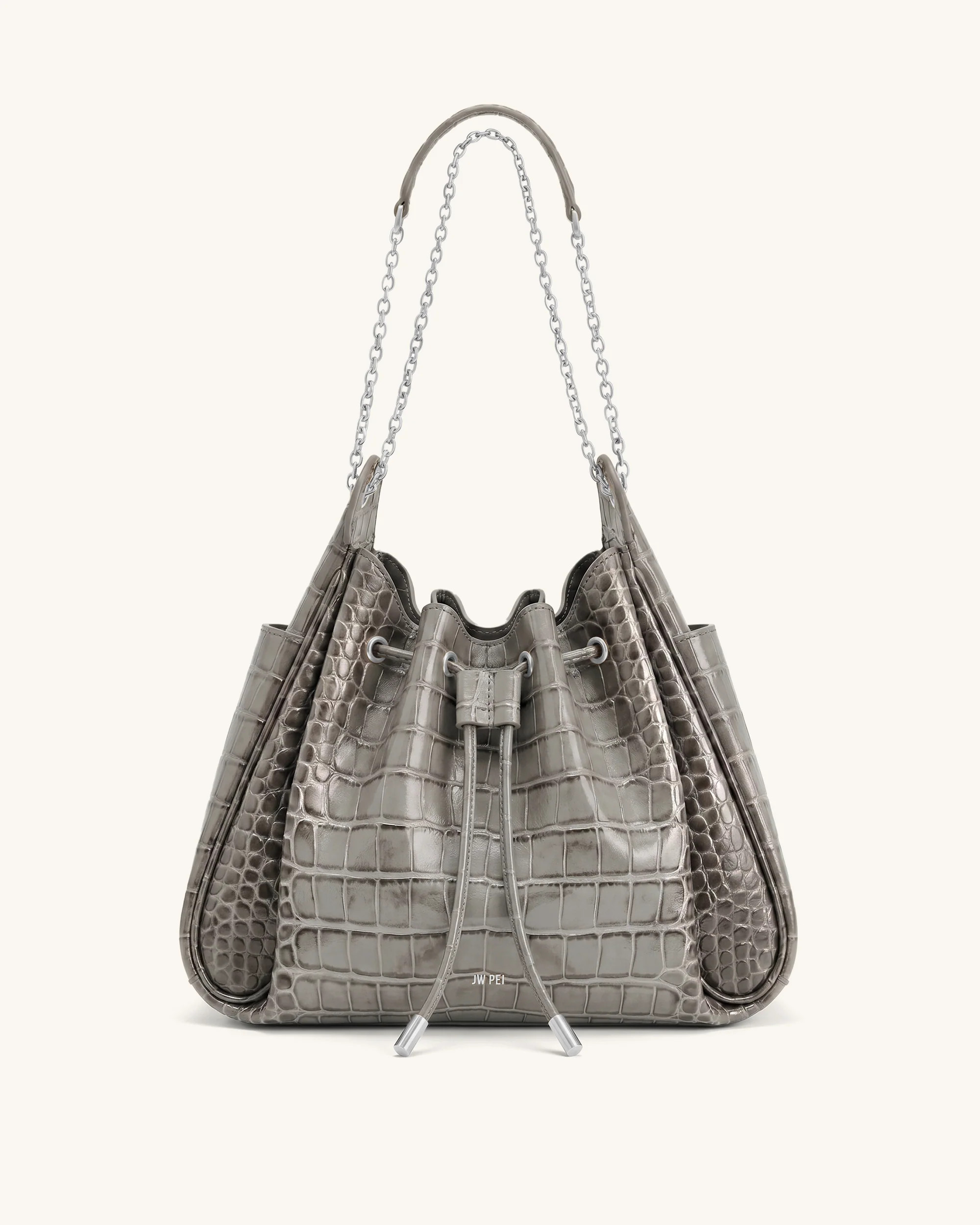 Rowan Ruched Drawstring Chain Bucket Bag - Grey Croc | JW PEI US