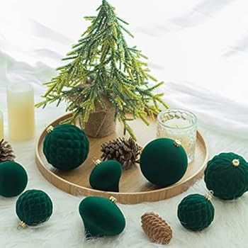 KI Store Velvet Dark Green Christmas Balls 25pcs Shatterproof Flocked Christmas Tree Ornaments Assor | Amazon (US)