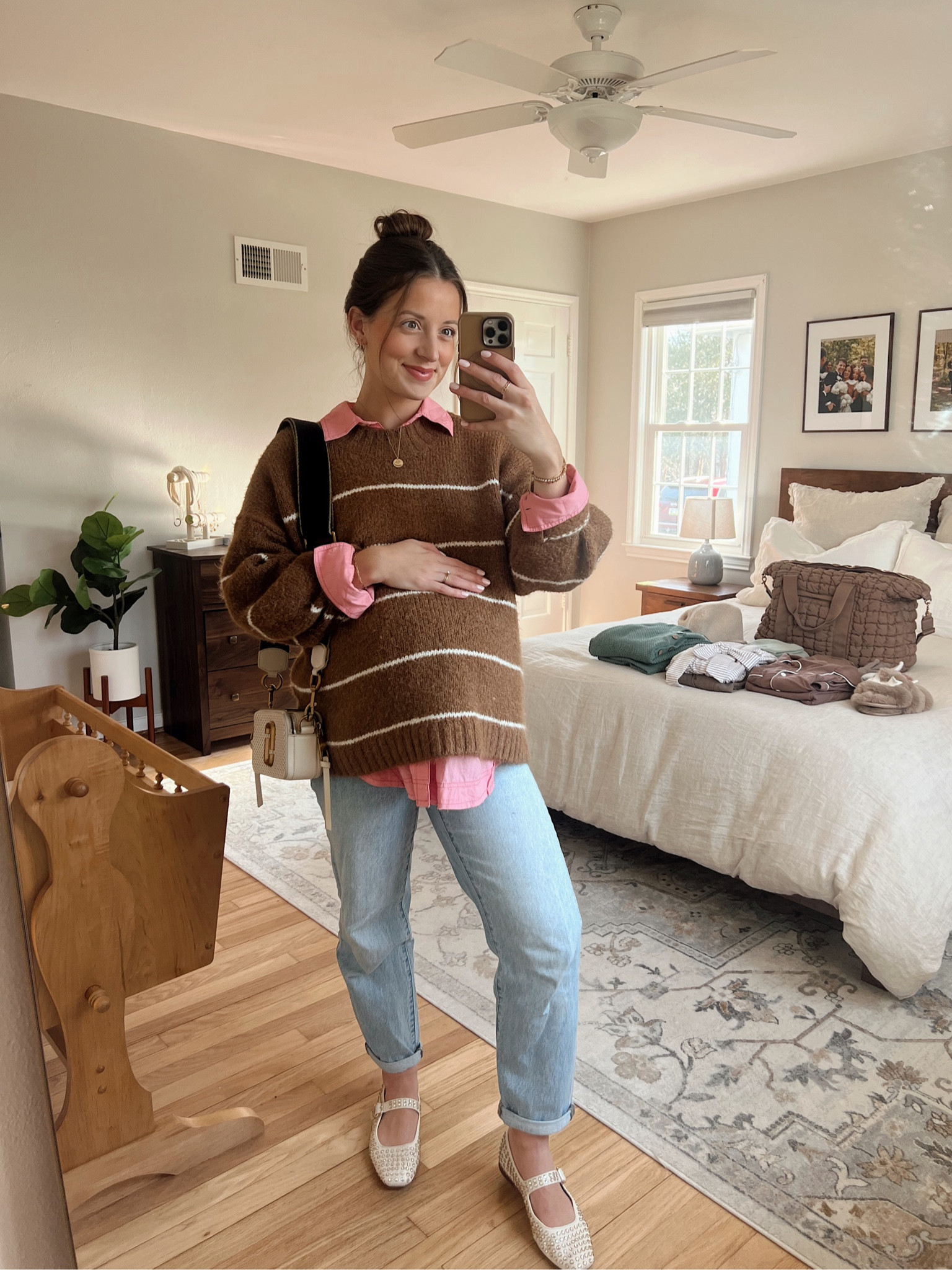 Date night outfit bump friendly edition! Jeans are not maternity, just rolled down! Sized up to an M in the sweater & it’s currently on sale!