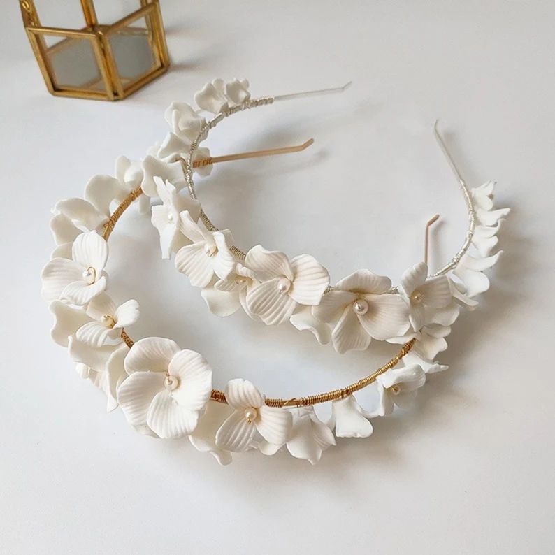 Floral Vintage Pearl Headband Vine Bridal Headpiece with Organza Ribbon, Dainty Gift For Her, Bri... | Etsy (US)