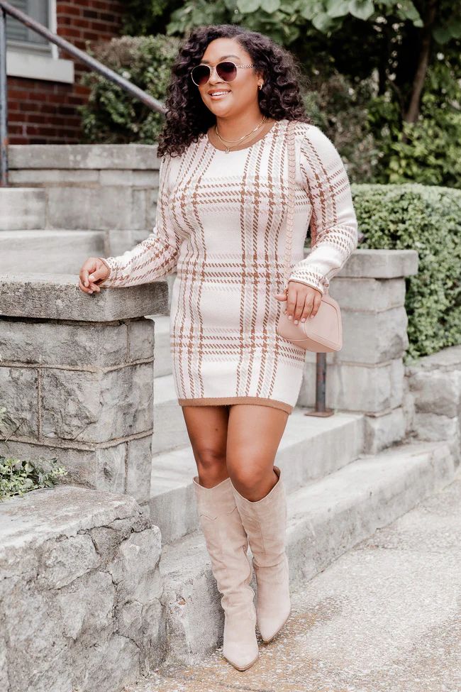 Going Along Brown Multi Plaid Long Sleeve Sweater Mini Dress | Pink Lily