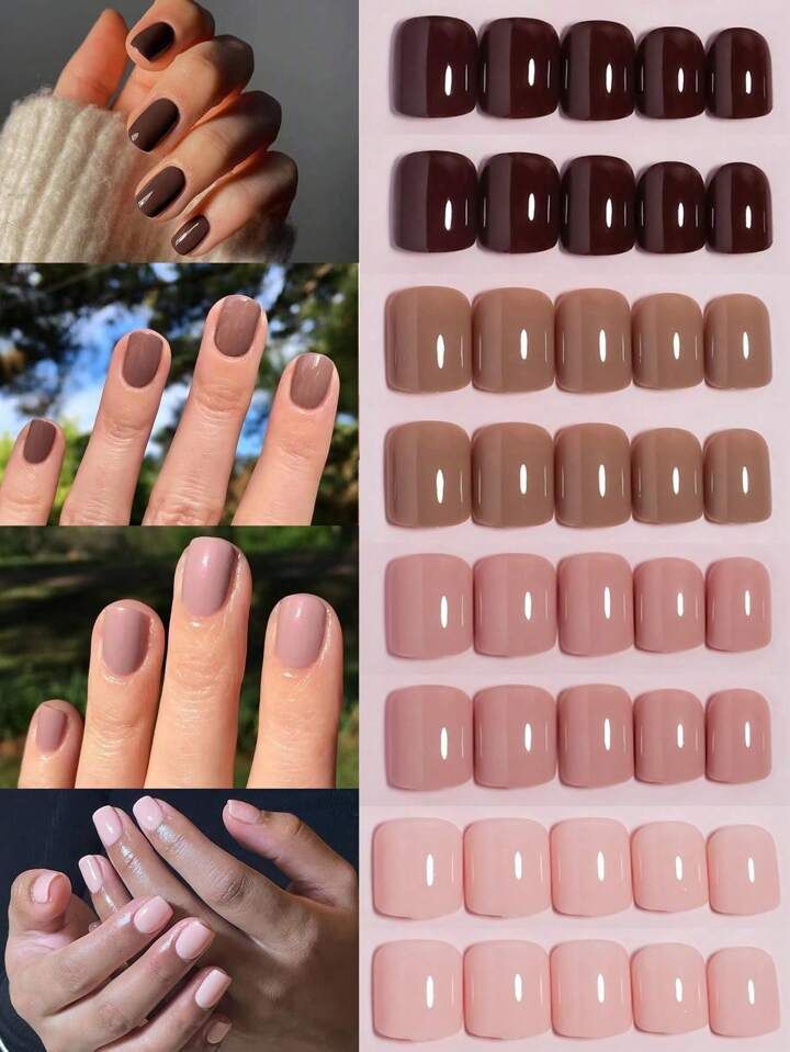 96pcs Solid 4Different Nude Colors Glossy Wearable Nail Art Lovely Short Square Fake Nails Detach... | SHEIN