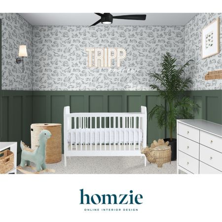 We loved designing this baby boy dinosaur nursery for our virtual interior design client. This space features a contrasting dinosaur wallpaper, a white and cane convertible crib, woven storage  accessories for a natural and organic look, and a custom wood name sign. 

Work 1:1 with a Homzie virtual interior designer for a low flat-rate and receive a custom, shoppable decorating plan! - all online.  Get started homziedesigns.com/work-with-us 
 

#LTKBaby #LTKKids #LTKHome