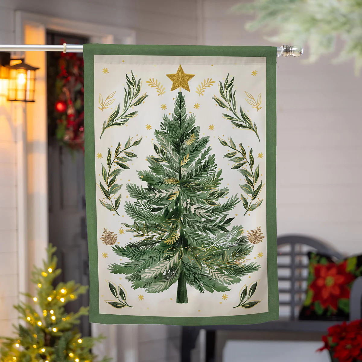 Christmas Tree With Acorn Burlap House Flag | My Evergreen