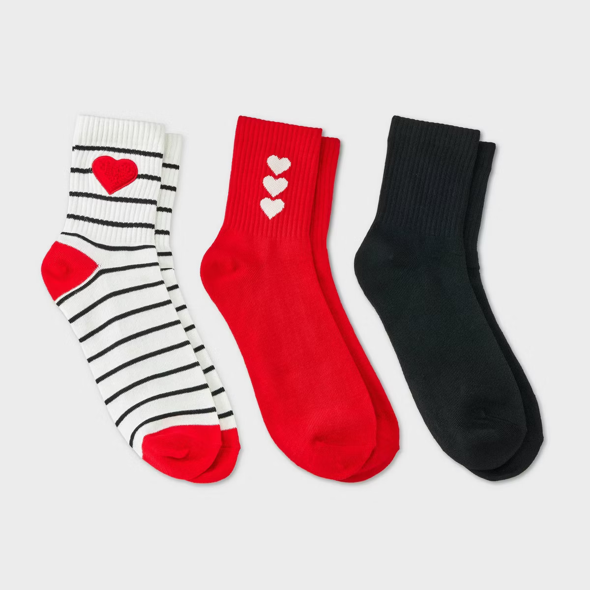Women's Boucle Heart Ribbed Valentine's Day 3pk Mid Crew Socks - White/Black/Red 4-10 | Target