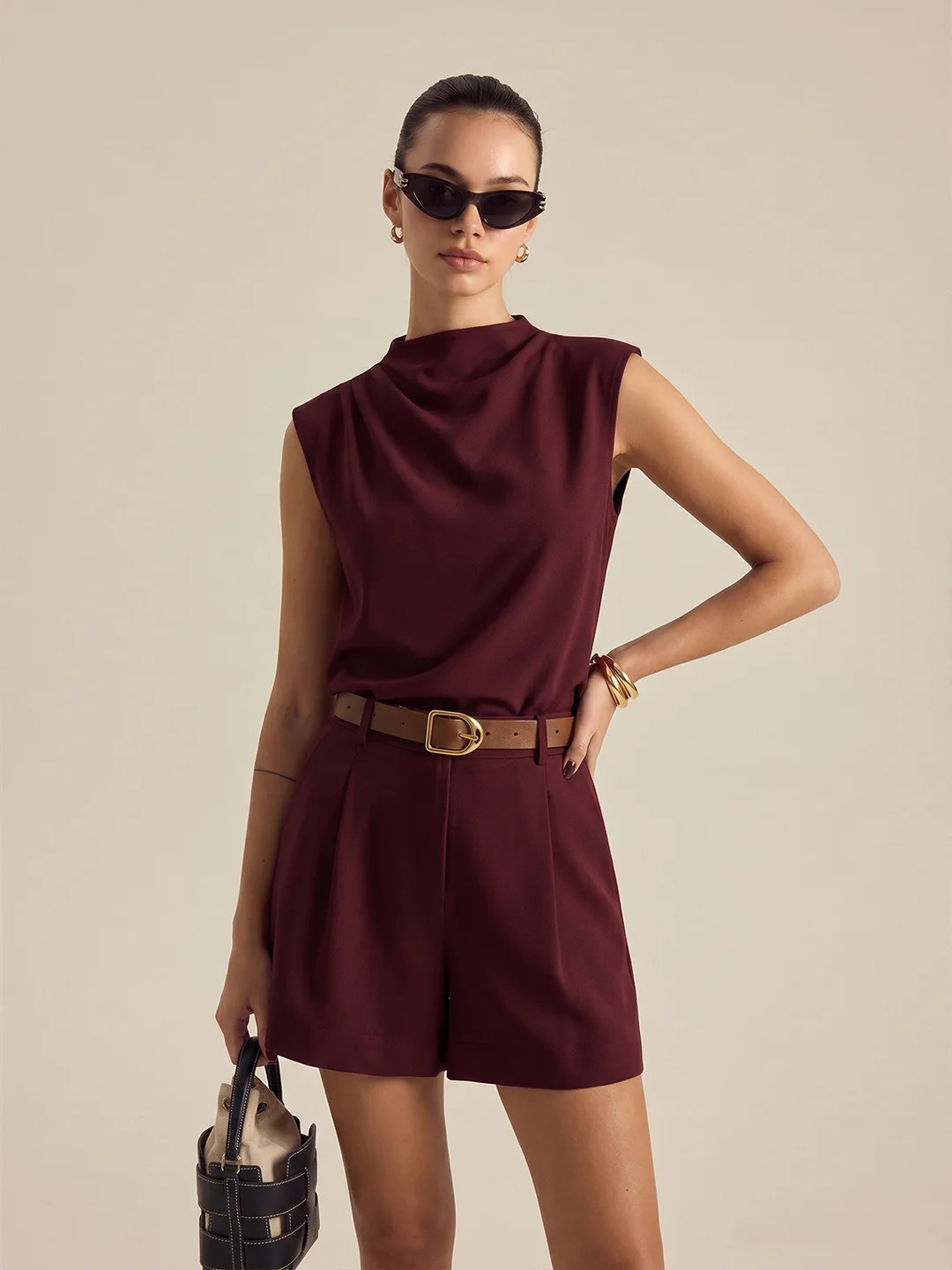 Draped Sleeveless Top & Belted Shorts Set | Commense