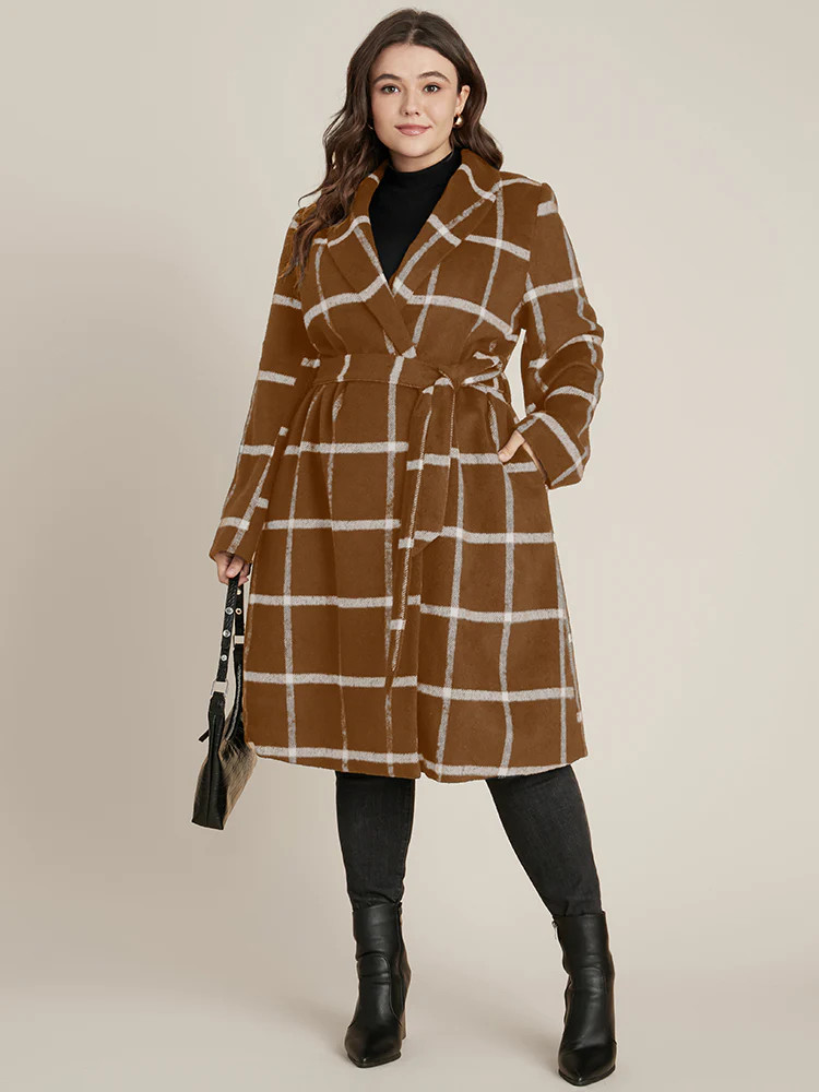 Plaid Lapel Collar Belted Pocket Coat | Bloomchic