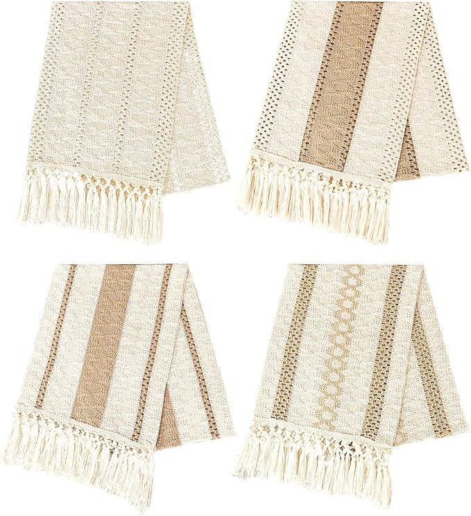 4 Pieces Boho Table Runner with Tassels Rustic Cream Beige and Khaki Macrame Burlap Table Runner ... | Amazon (US)