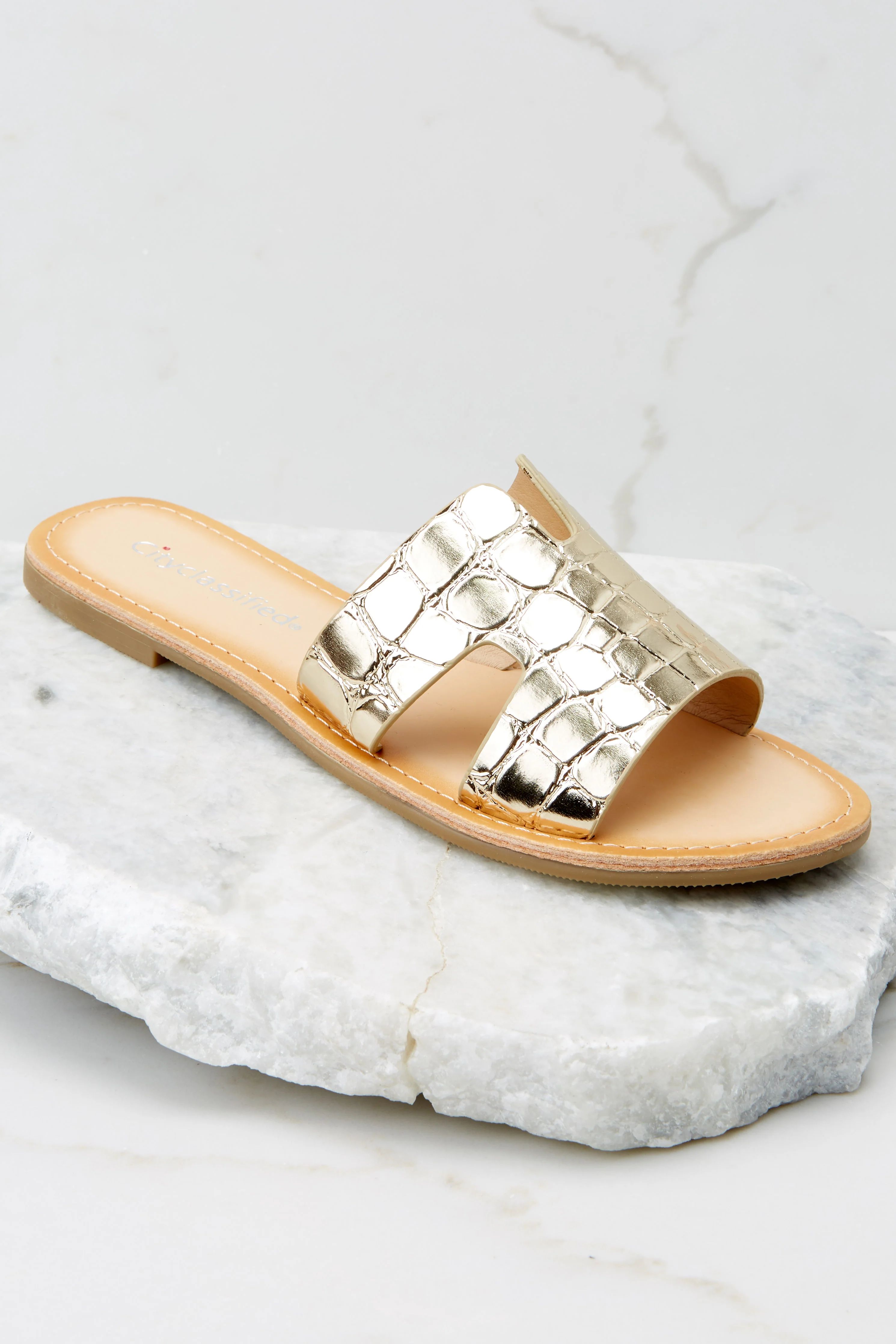 Make Things Easy Gold Crocodile Sandals | Red Dress 