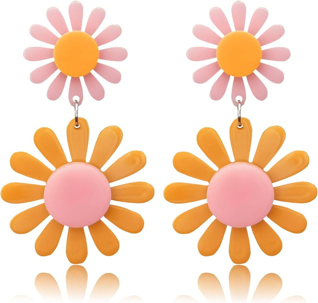 70s Daisy Earrings for Women Vintage Double Flower Floral Drop Dangle Earring Bohemian Acrylic Fl... | Amazon (US)