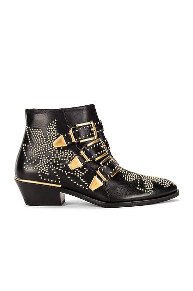 Chloe Susanna Leather Studded Booties in Black & Gold - Black. Size 41 (also in 36,38.5,39.5,40). | FWRD 