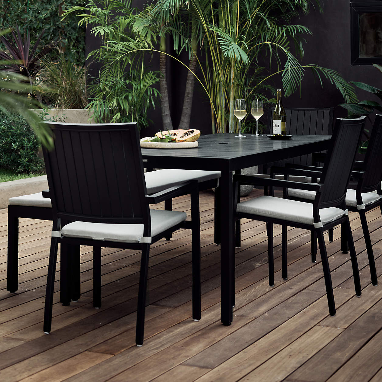 Alfresco Black Metal Outdoor Dining Armchair with Silver Sunbrella Cushion + Reviews | Crate & Ba... | Crate & Barrel