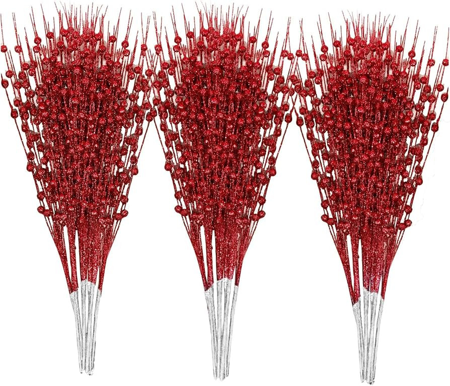 30-Pack Christmas Picks and Sprays Red Artificial Glitter Berry Stems Branches Twigs Sticks Sprig... | Amazon (US)