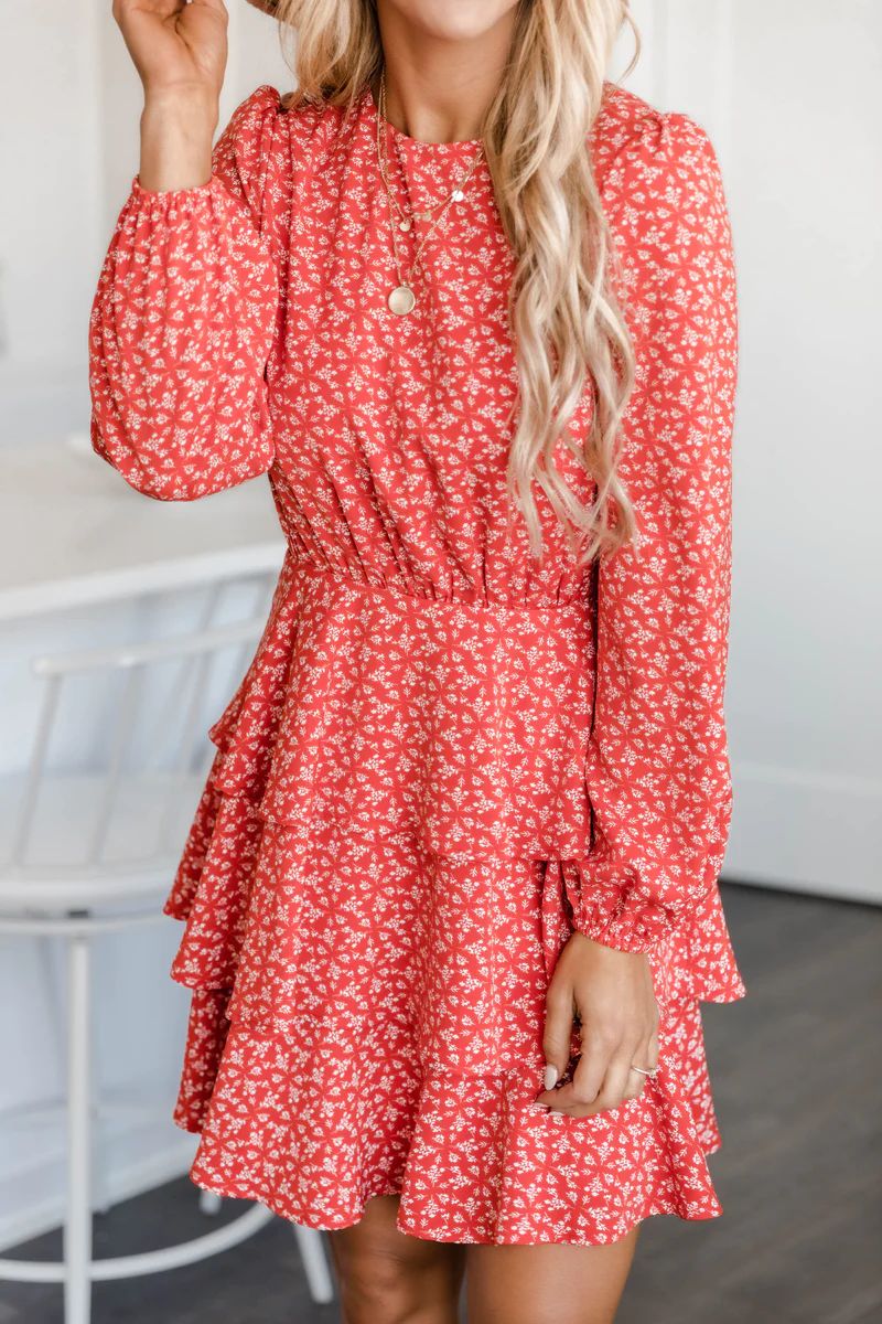 Poetic Love Ruffle Hem Floral Dress Red | The Pink Lily Boutique
