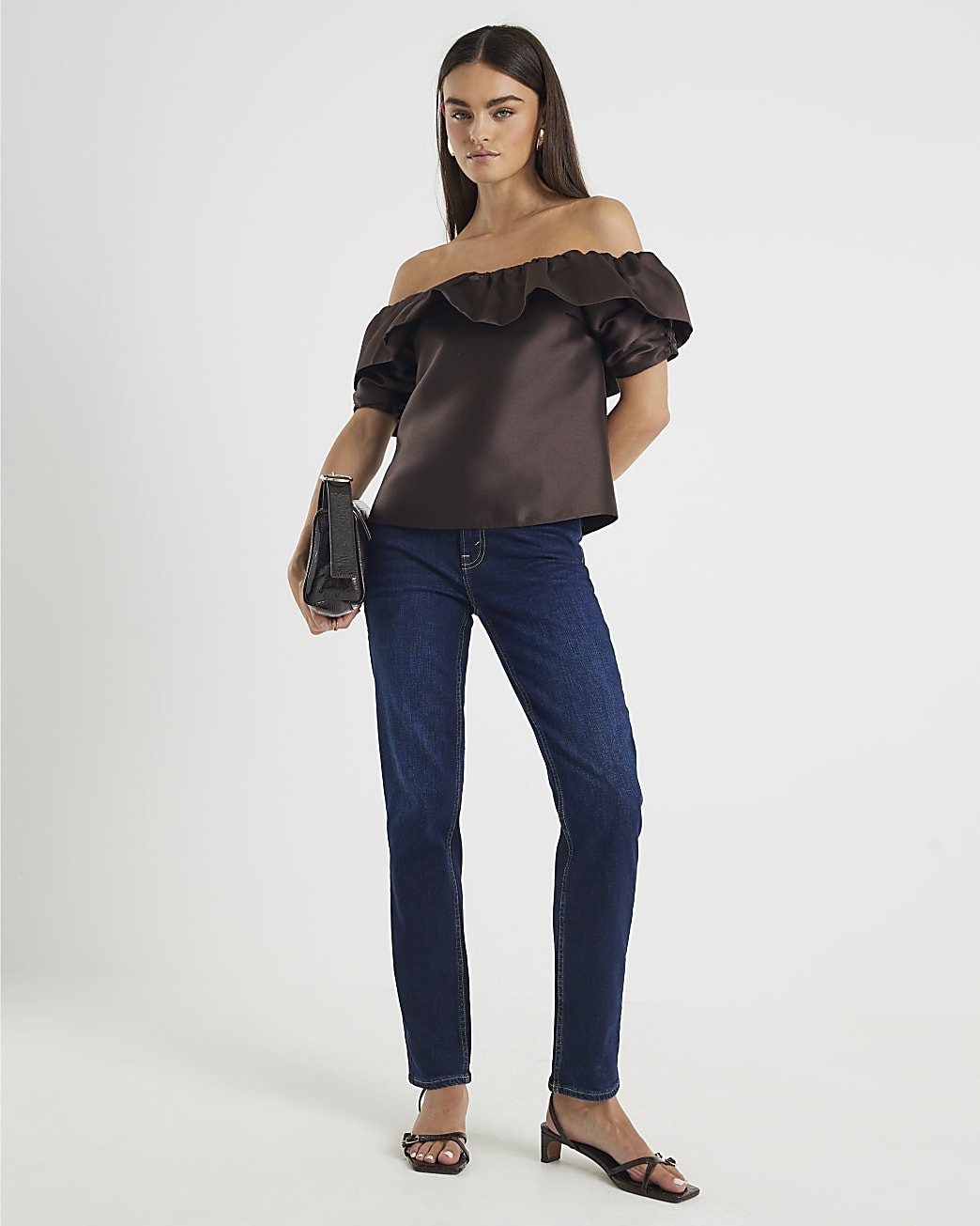 Brown Premium Frill Detail Bardot Top | River Island UK & IE