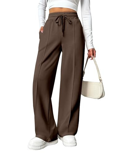 PINSPARK Baggy Wide Leg Sweatpants for Women High Waisted Long Pant Loose Straight Leg with Two Side Pockets Chestnut Brown XXL | Amazon (US)