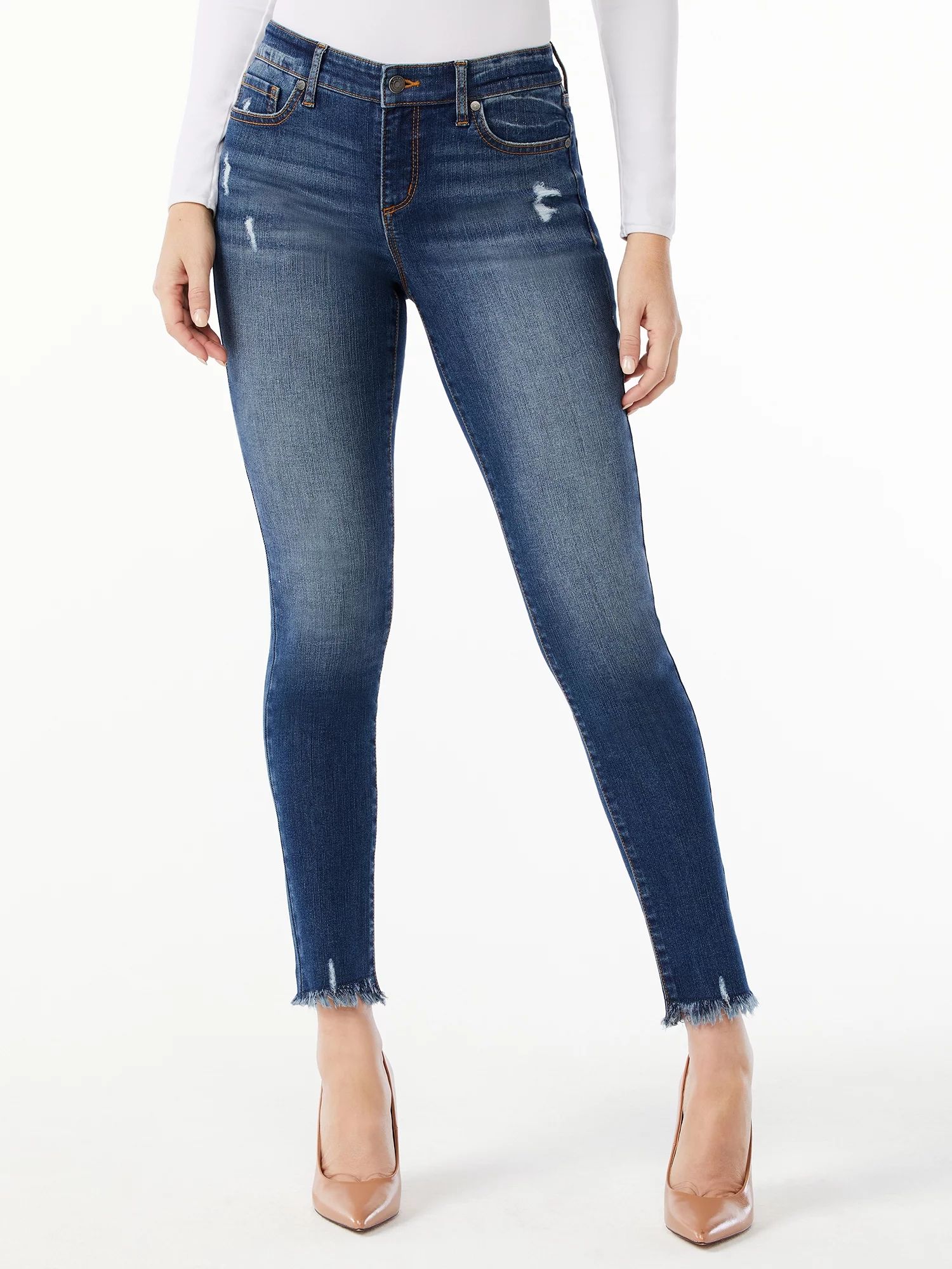 Sofia Jeans Women's Sofia Skinny Mid Rise Distressed Fray Hem Jeans - Walmart.com | Walmart (US)