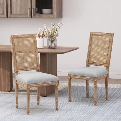 TinyHomie Set of 2 French Country Cane Back Dining Chairs, Weathered Rubberwood Frame, Fluted Legs, Upholstered Seats, Light Gray | Target