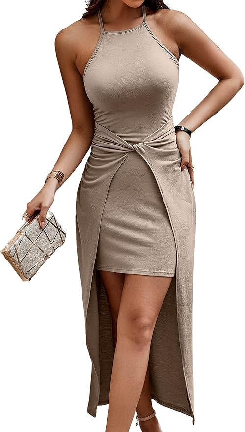 Women's Twist Front Criss Cross Backless Asymmetrical Hem Cami Dress Pencil Dress | Amazon (US)
