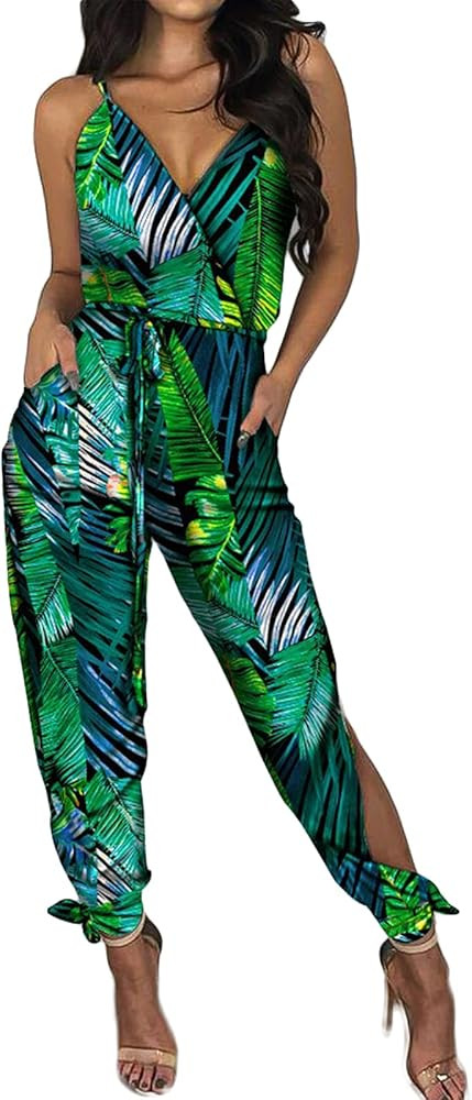 Women Elegant Jumpsuit Vintage Graphic Print V Neck Sleeveless Split Romper Pants Summer Overalls | Amazon (US)