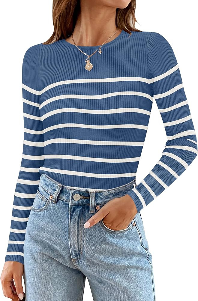 ZESICA Women's Long Sleeve Crewneck Striped Shirts Spring Ribbed Knit Sweater Slim Fitted Casual ... | Amazon (US)