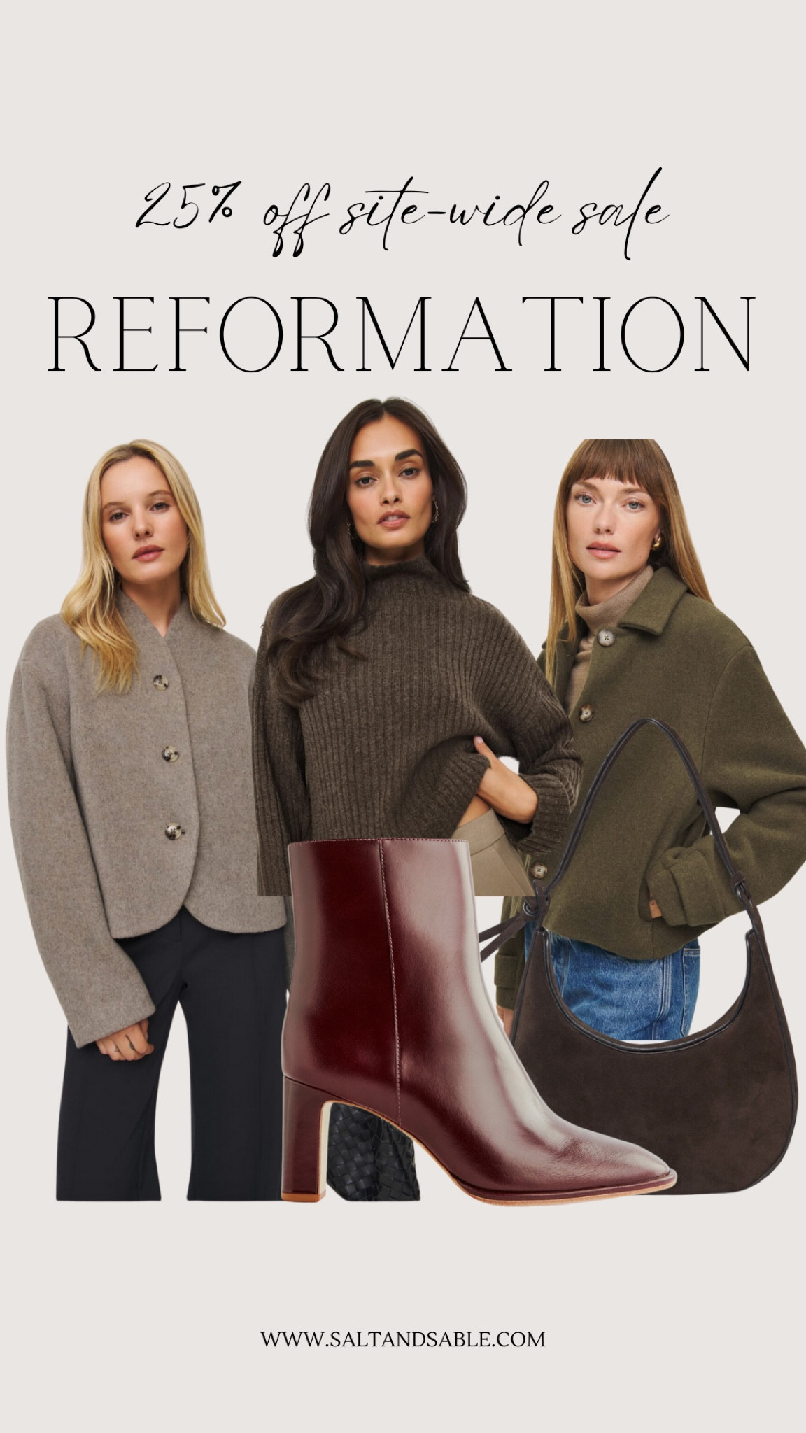 Reformation Black Friday sale happening NOW! Get 25% off everything plus free shipping. Hurry before sizes sell out! 

Reformation clothing 
Sustainable fashion 
Women’s winter fashion 
Women’s outerwear 
Women’s jacket 
Wool jacket 
Chic winter outfits
Women’s boots 🥾 
Oxblood boots 
Suede handbag 
Leather boots for women 
Cashmere sweater 
Oversized sweater 


#LTKSaleAlert #LTKCyberWeek #LTKGiftGuide