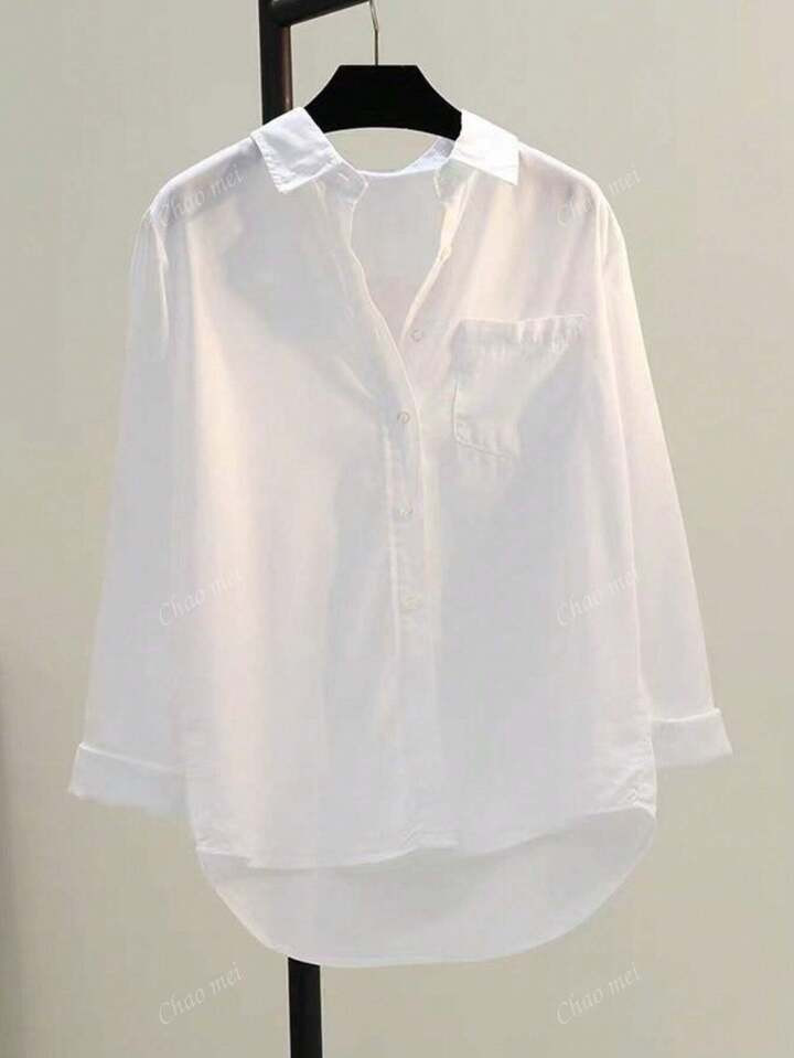 Camisa De Manga Larga De Unicolor Versátil Y Casual Para Mujer | SHEIN