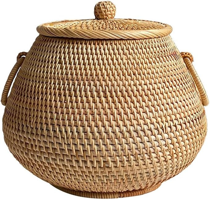 Rattan Round Basket with Lid, Round Storage Bin Organizer Rattan Storage Basket with Lid, Bread F... | Amazon (US)