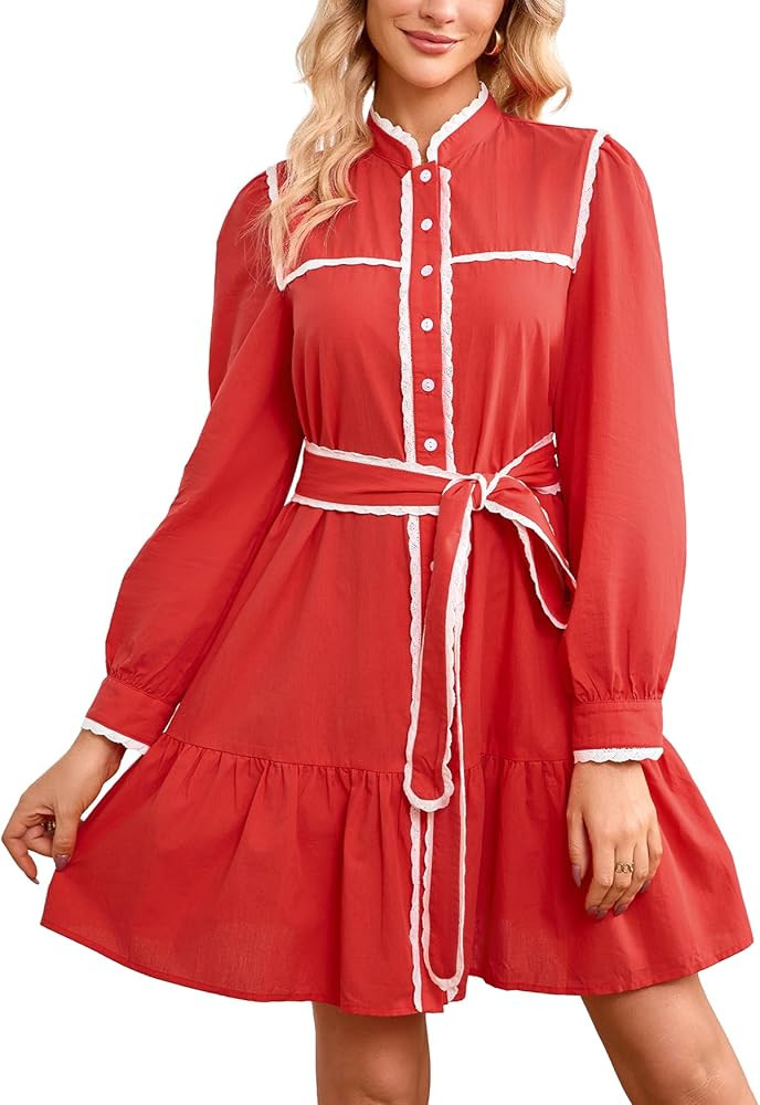 Womens Button Down Cotton Shirt Dress Long Sleeve Stand Collar Lace Trim Ruffle Tiered Swing Belt... | Amazon (US)