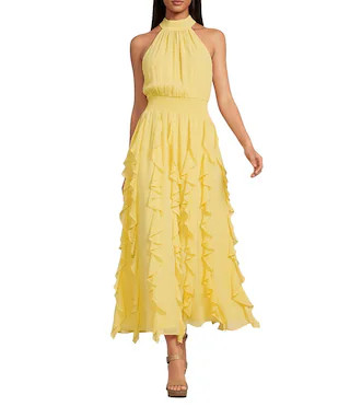 1. STATE Halter Neck Sleeveless Ruffle Maxi Dress | Dillard's | Dillard's