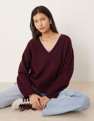 ASOS DESIGN relaxed v-neck sweater with contrast tipping in plum | ASOS (Global)